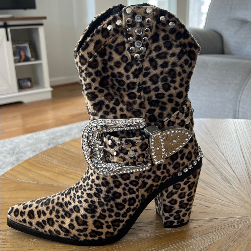 Leopard Print Faux Fur Studded Ankle Boots